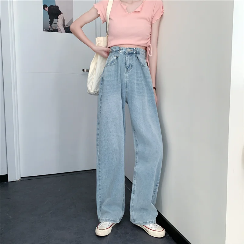 

Женские брюки-багги с завышенной талией, модель 2022 года, весна-лето, Корейская уличная одежда, женские свободные джинсовые брюки с широкими штанинами