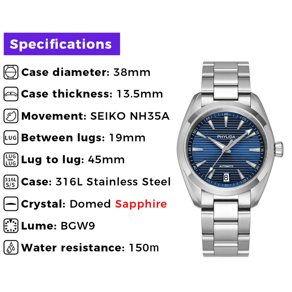 PHYLIDA AQUA AT150 38mm Blue Dial Men's Automatic Watch with NH35A