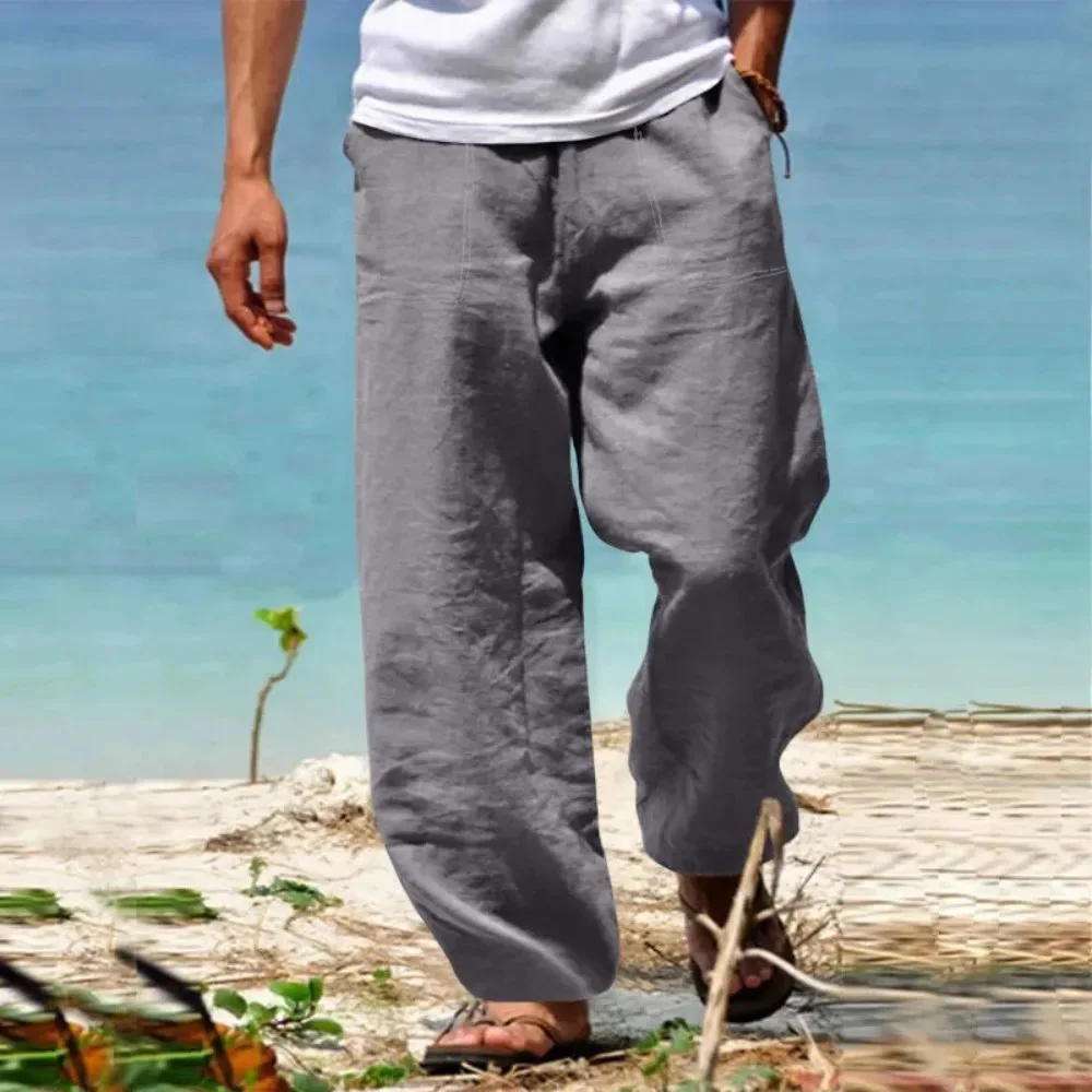 Herren-Hose aus Baumwolle und Leinen, gerades Bein, atmungsaktiv, leicht, Urlaub, Strandstil, gemütliche Hose, lässig, Frühling, Herbst, Alltagskleidung – Detail 4