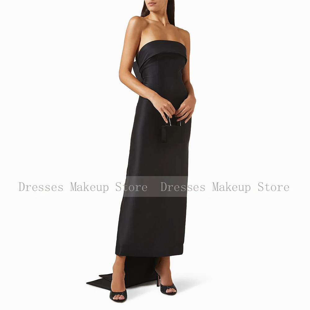 فستان حفلة موسيقية بعمود أسود للمرأة 2025 بدون حمالات طول الكاحل فساتين رسمية أنيقة مع فيونكة كبيرة بدون أكمام من الساتان فساتين سهرة #3