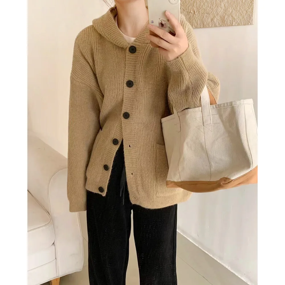 Cárdigan de punto grueso holgado de talla grande para mujer, abrigo de estilo perezoso, suéter con capucha suave y grueso de estilo coreano, otoño e invierno