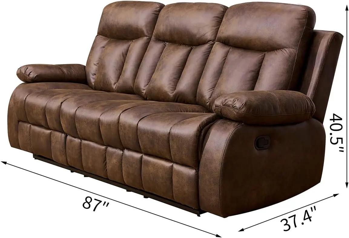 3 PC Microfiber Fabric Recliner Set Living Room Set in Brown Sofa Loveseat Chair Pillow Top Backrest Armrests for Living Room