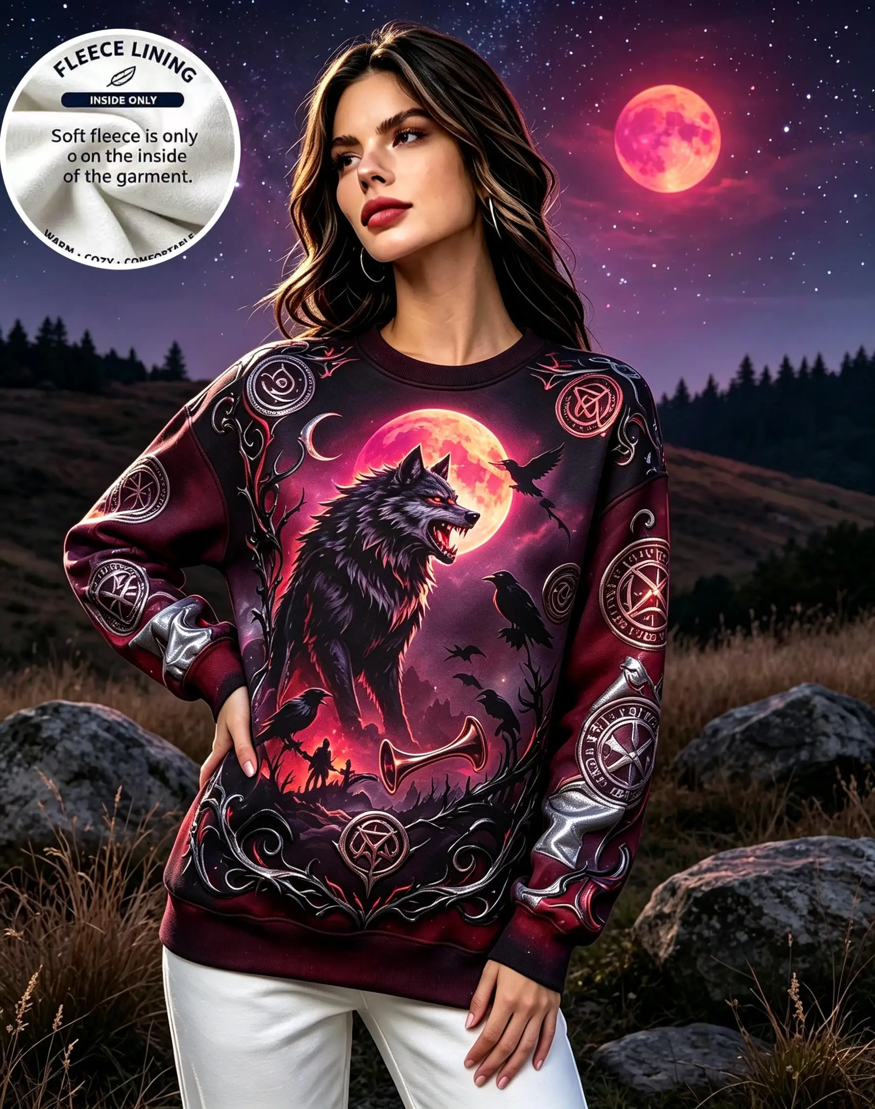 Women Crew Neck Sweatshirt Fleece Lined Full Moon Wolf Crow Occult Symbol Gothic Flat Print Long Sleeve Loose Pullover Tops