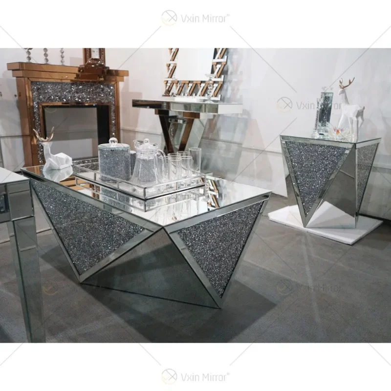 

Cross-border modern mirror coffee table, glass corner, diamond finish, living room, geometric tea table