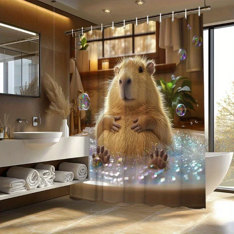 1pc Chubby Capybara Bathtub Shower Curtain - Hyper-Realistic CGI, Bubbles, Gentle Expression, 70.8x70.8