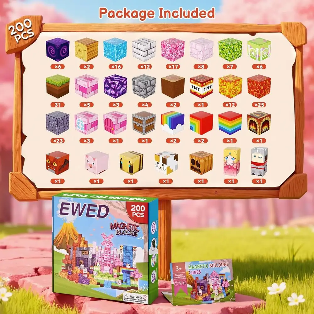 Blocos de construção de haste magnética rosa floresta de 200 peças para crianças de 3 a 12 anos, ideais para crianças e presentes de aniversário