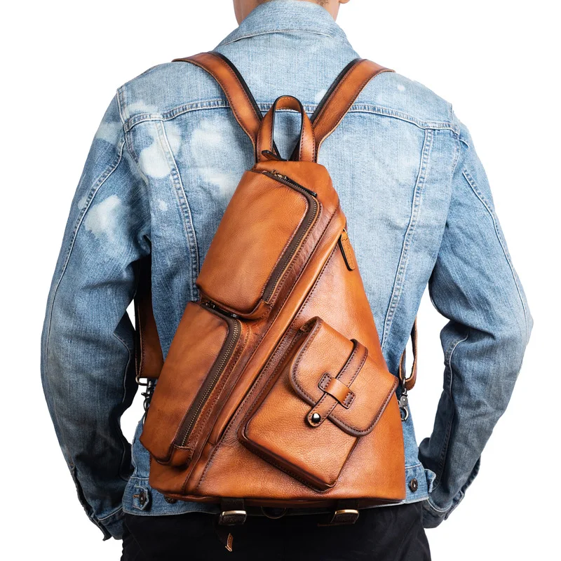 Luufan Men's Chest Bag Genuine Leather Man Single Shoulder Messenger Bag Male Sling Chest Pack 2 Use Travel Backpack Summer Bags