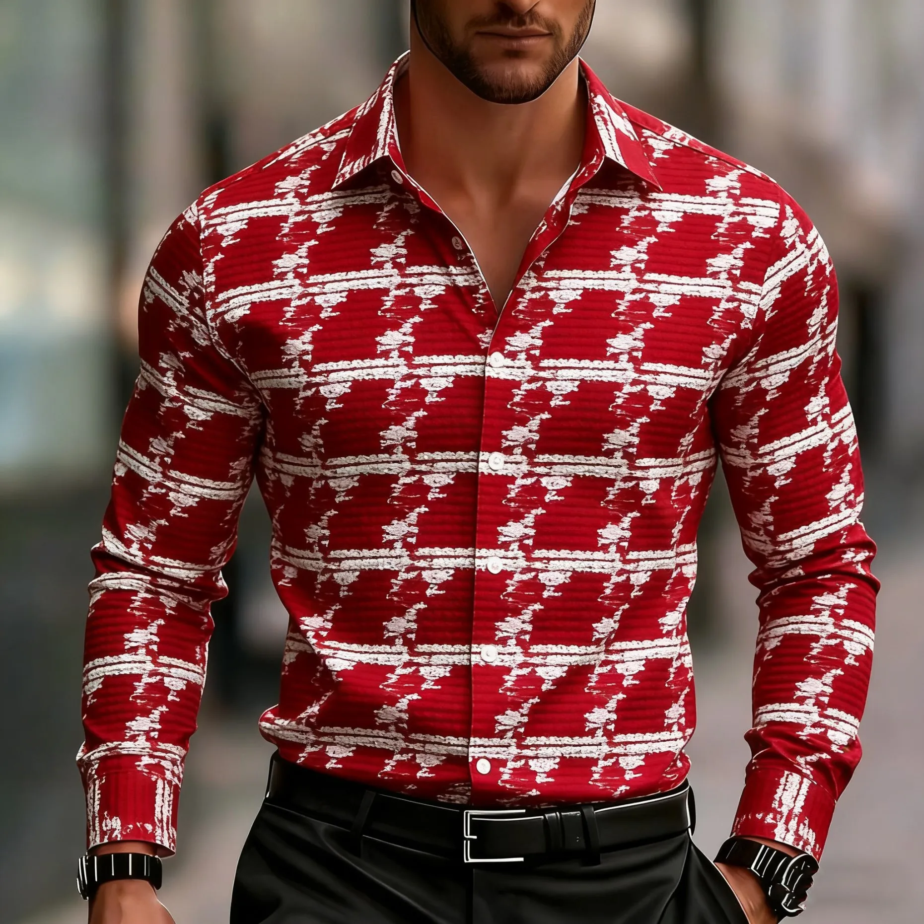 

Мужская рубашка с длинными рукавами и геометрическим принтом, модный мозаичный узор лошади, удобная повседневная офисная мужская рубашка с воротником