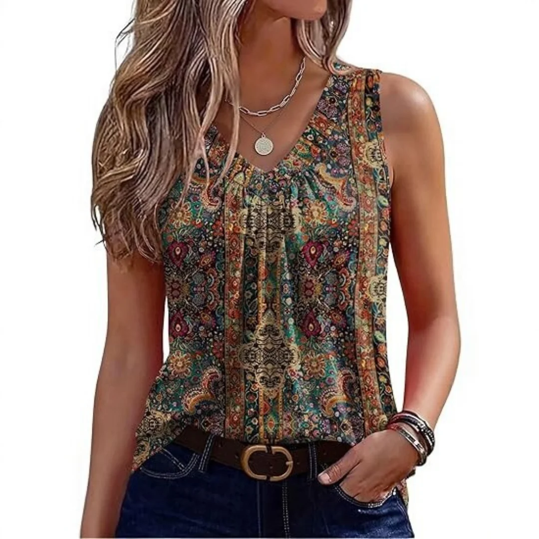 

2026 New Women's Loose Casual Ruched V-Neck Boho Style Tops Fashion Bohemian Blouse Comfortable Daily Wear Female Shirts
