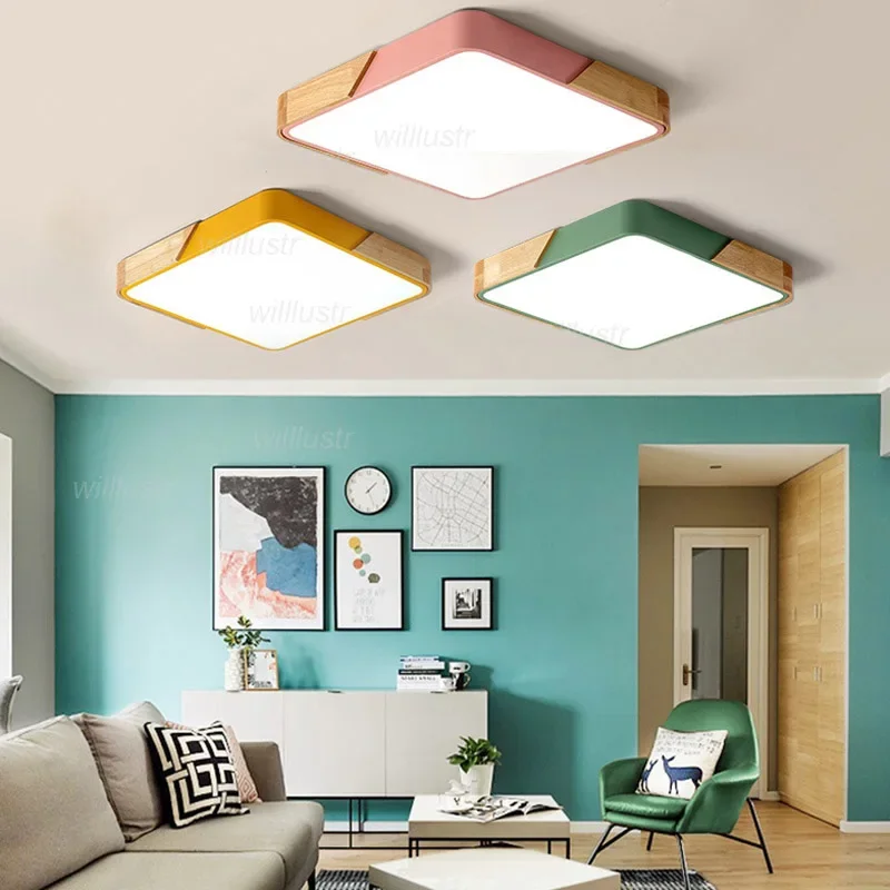 

Wood LED Ceiling Lamp Macaron Color Light Hotel Restaurant Cafe Hall Bedroom Bar Round Square Modern Minimalist Lighting