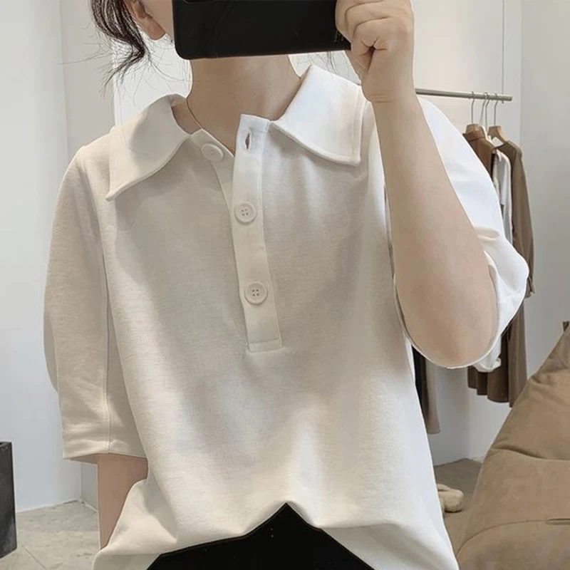 Zomer Witte Korte Mouw Vrouwen Polo T Shirts Knoop Mode Sweet Harajuku Persoonlijkheid Casual Oversized Pullover Dagelijks Kantoor