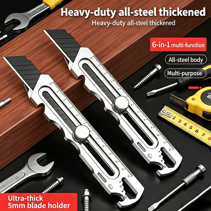Stainless Steel Utility Knife 6 In 1 Multi-Function Opener Retractable Box Cutter Portable Office Home Courier Unboxing Knifes