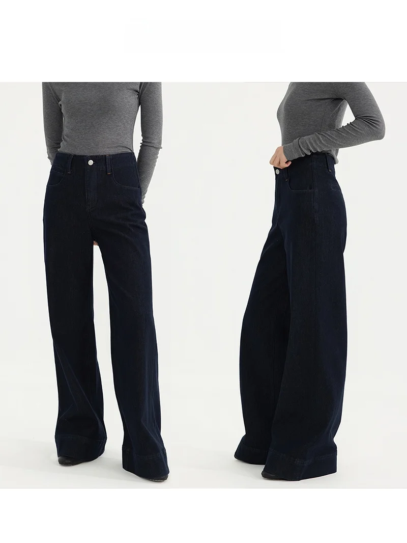 

Deep Blue Fce Lined Denim Bell Bot l Waist Zipper Closure Cotton Straight Leg Micro Stretch Warm Winter Jeans