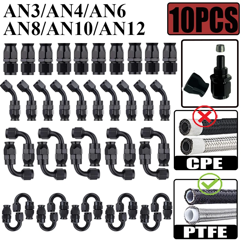 10X 3AN 4AN 6AN 8AN 10AN 12AN Straight 0 45 90 180 Degree Swivel Hose End Fittings Adapter For PTFE E85 Oil Fuel Gas Line Black