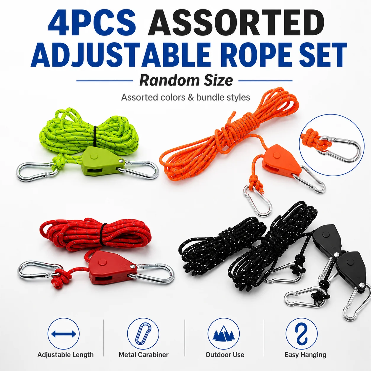 4PCS Assorted Adjustable Rope Set Random Size, Braided Hanging Cord with Metal Carabiner Clips for Camping Canopy Plants Laundry