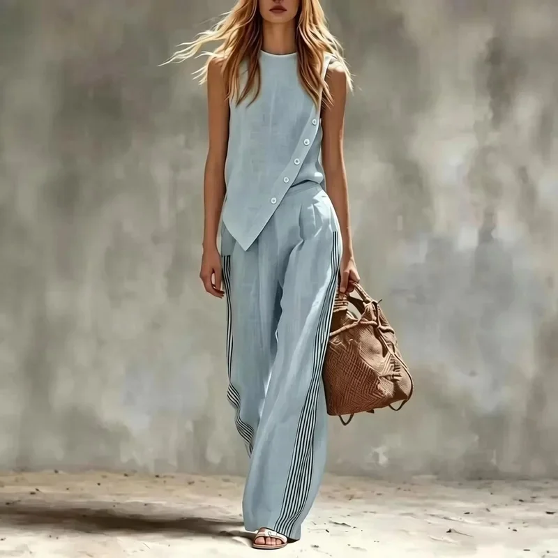 Women's Summer Irregular Sleeveless Tank Top Wide Leg Pants Two Piece Set  Linen Blend Loose Casual Vacation Boho Outfit New
