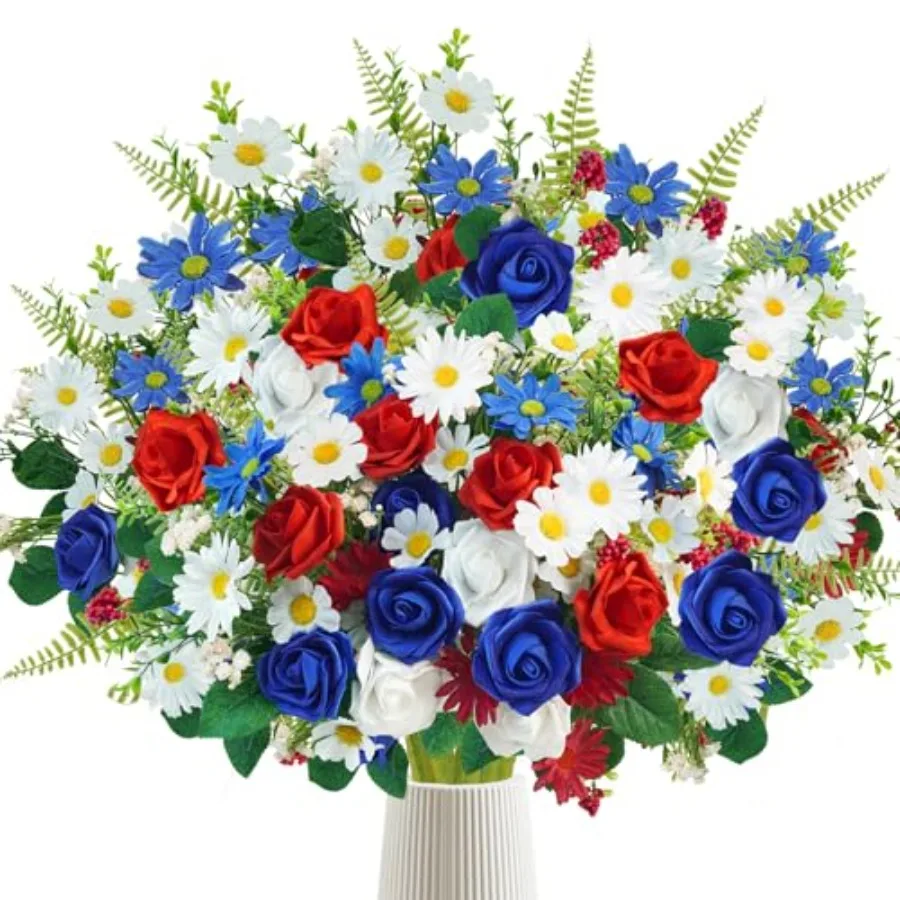 

12 Bundles Patriotic Artificial Flowers, 4th of July Red White and Blue Flowers Patriotic Silk Rose Floral Arrangement for 4th