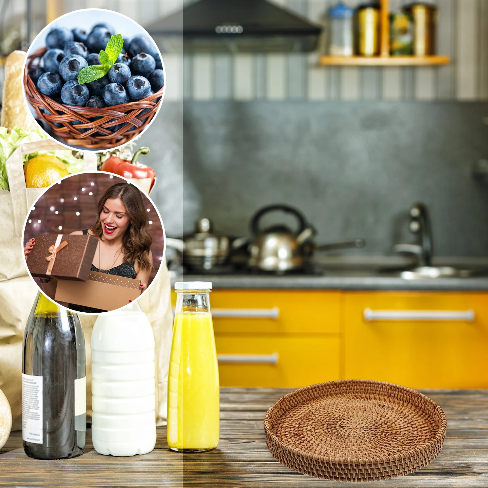 

Rattan Chargers Dessert Tray Thickened Wear-Resistant Multi-Function Household Fruit Plate Serving Tray for Coffee Desktop Snack