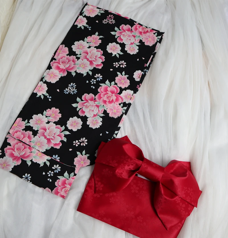 BigGirl Kimono กับ Obi 100% ผ้าฝ้าย Shimmering แขน Gold-Bronzed Yukata เสื้อคลุมอาบน้ำ Girdle Cherry Blossom Lady ญี่ปุ่นแบบดั้งเดิม