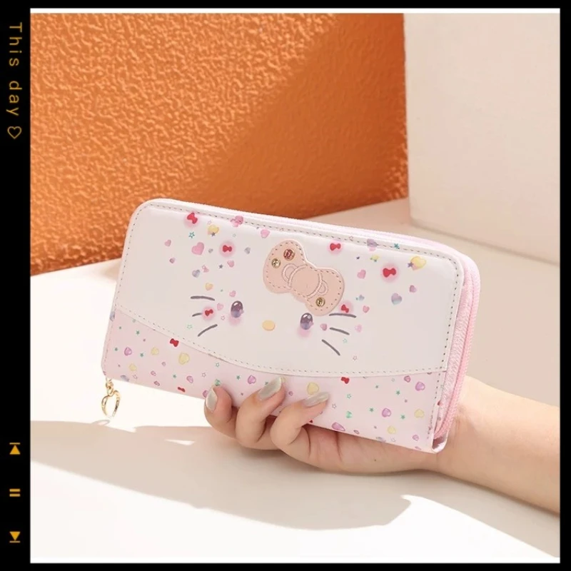 

Kawaii hello kitty anime 50th anniversary long wallet cute style chain buckle card holder pu birthday gift for women