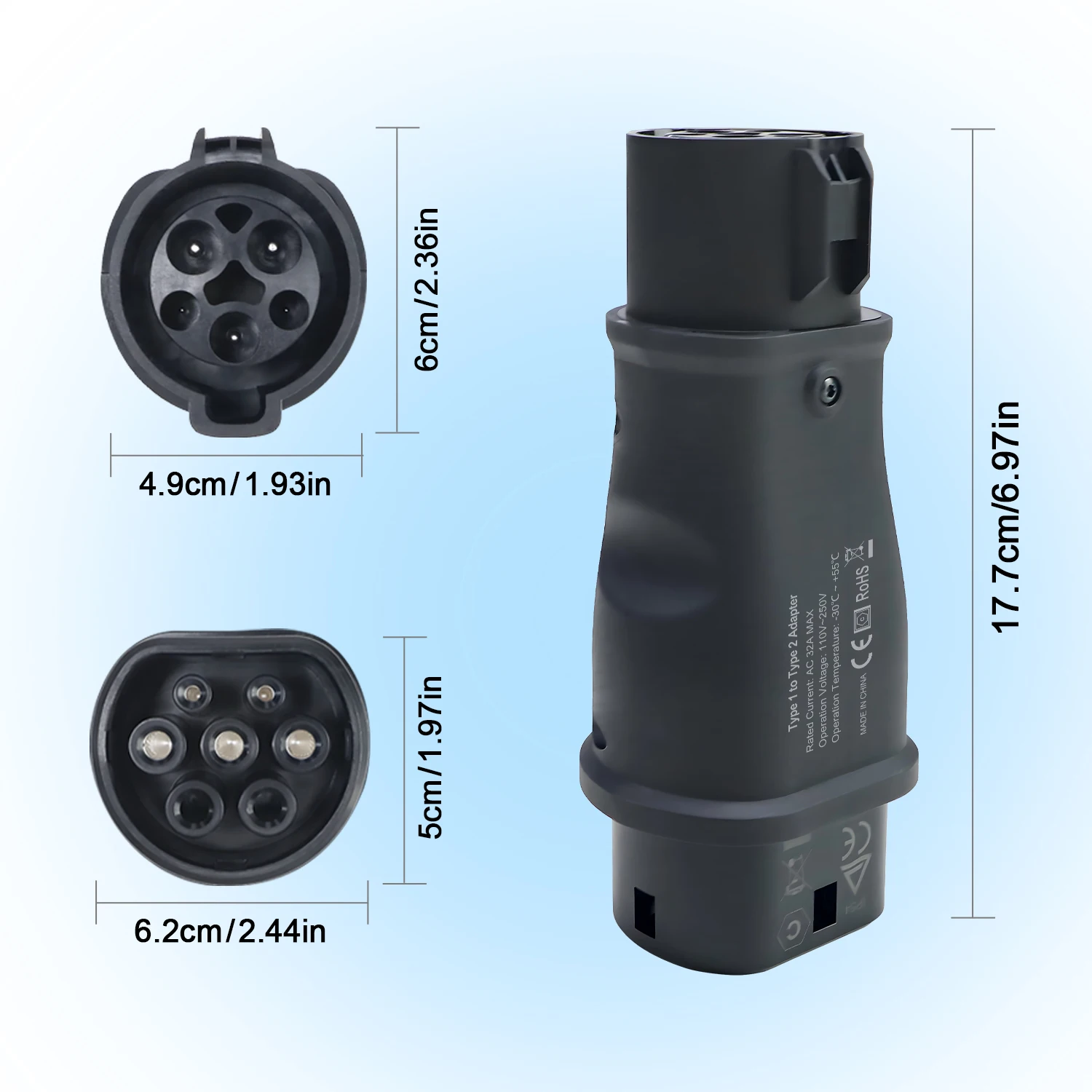 Kolanky EV محول الشحن 32A 7.2KW نوع 1 إلى نوع 2 محول للسيارات الكهربائية الاتحاد الأوروبي نوع 2 المقبس