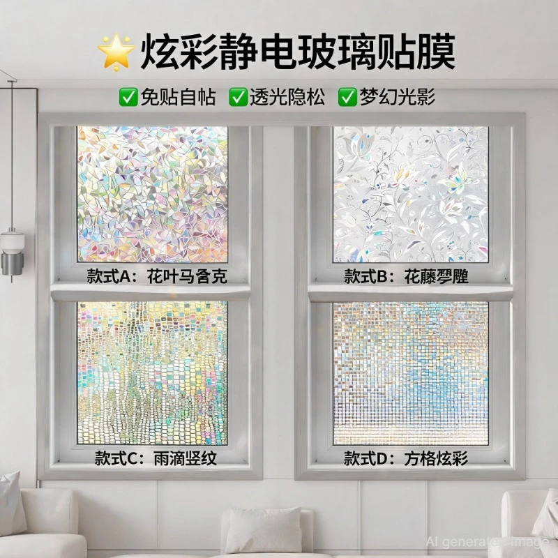 Fenster-Sichtschutzfolie, statisch haftend, Vinyl, 3D-Aufkleber, Regenbogenfolie für Glastüren, Wärmeschutz, UV-Schutz, 2028