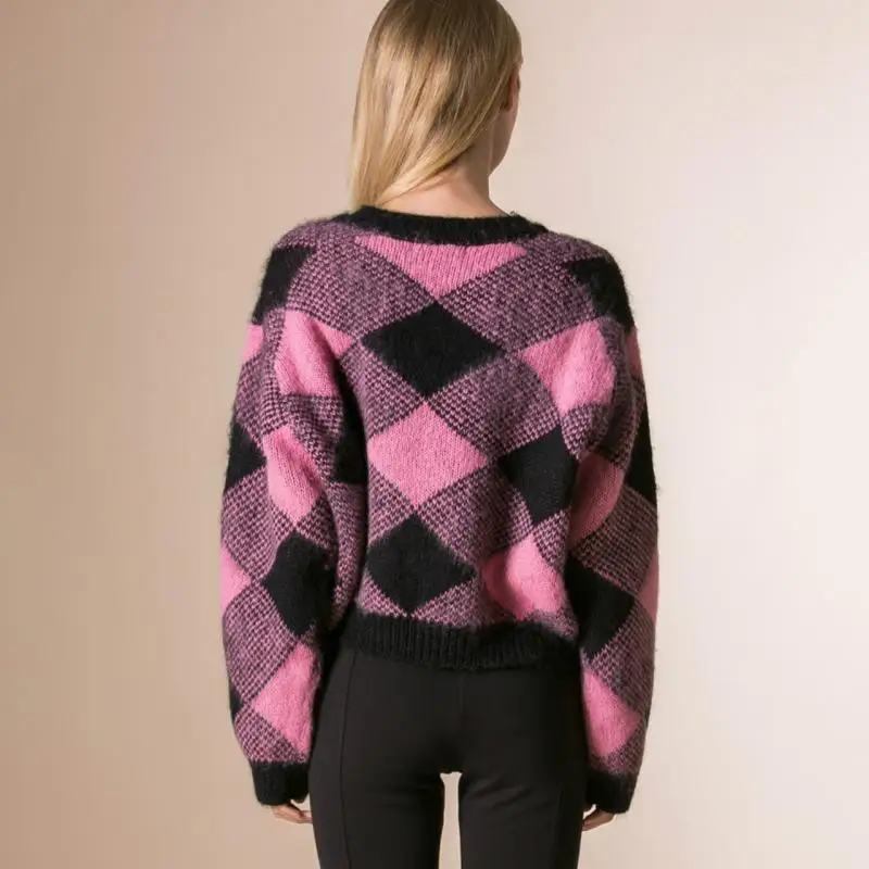 Emily In Paris Same Vintage Pullover Wool Knitted Loose Sweaters Pink Black Plaid Long Sleeve Women 2023 Spring New Top