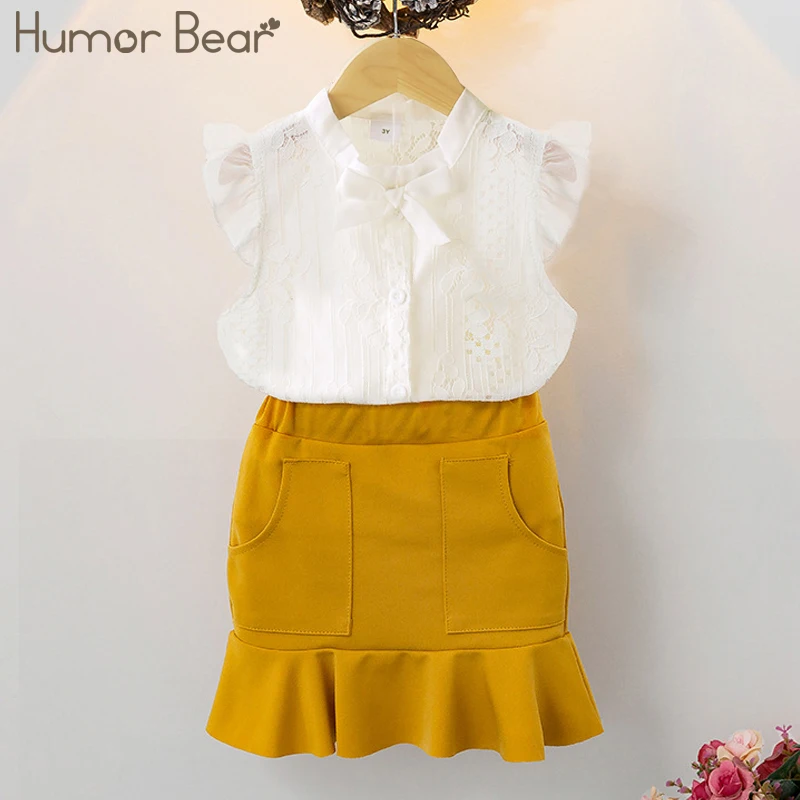 Humor Bear Girls Clothing Set  Summer Sleeveless Hollow Lace Tops +Ruffle Skirt 2pcs Sweet  Kids Clothes For 3-7Y