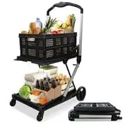 Collapsible Cart for Groceries - 2 Level Foldable Shopping Cart with Wheels - 132 Pound Max Rolling Grocery Basket
