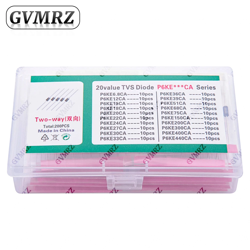 200 Uds 20 valores * 10 Uds Kit de transistores TVS P6KE6.8A/CA 12/15/18/20/22/24/27/30/33/36/39/51/68/75A/CA diodo TVS