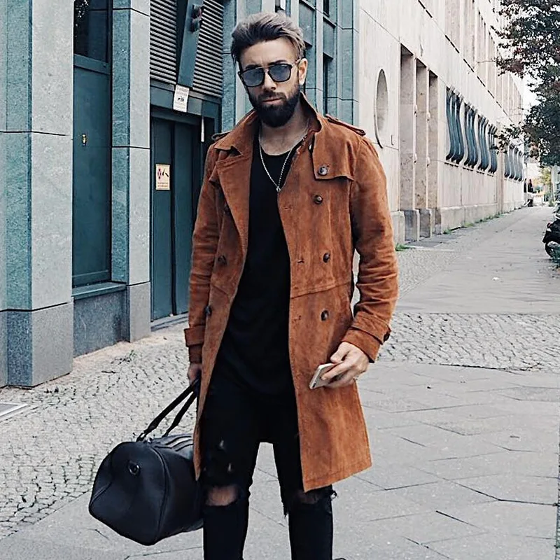 Autumn and Winter New American Retro Suede Jacket Men Medium and Long Lapel Trench Double-breasted Coat for Men