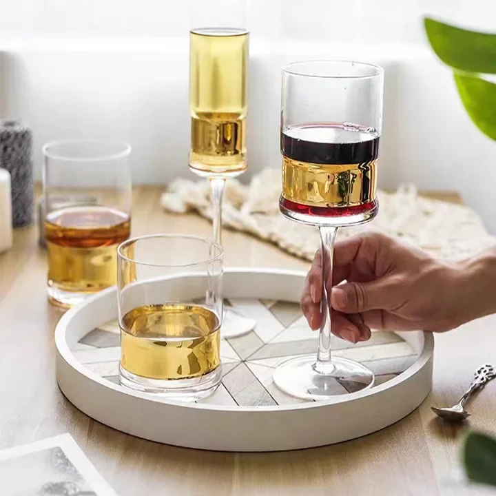 1pcs  electroplated gold glass red wine glass, model room ornament home furnishing table high value, golden champagne