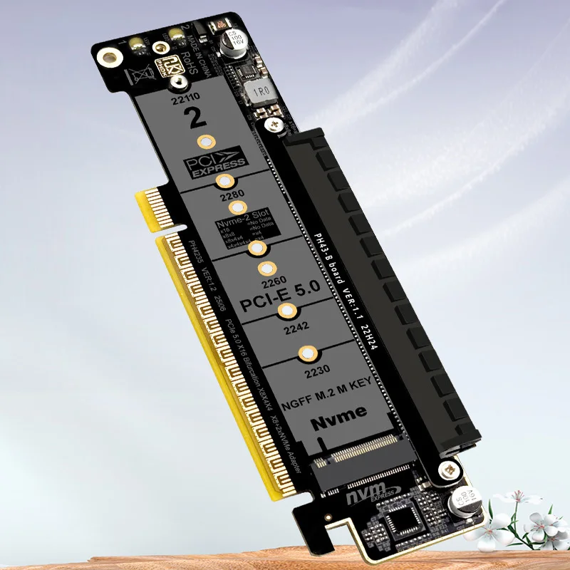 PCI Express 5.0 X16 to PCIE X16 Slot(X8 Signal) + 2 Ports M Key NVME PCIE(X4 Signal) Lane Split Card 8+4+4 Hyper Ultra Quad VROC