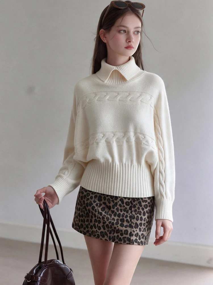 Women Beige Sweater Autumn Winter Batwing Sleeve  Pullover Knitted Turtleneck Button Long Sleeve Soft Knitted Sweater Top S760