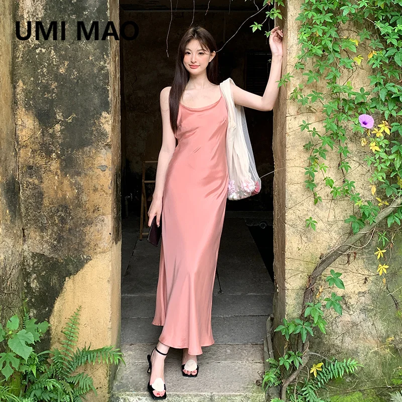 

UMI MAO High Waist Dress 2024 Summer New Style Copper Ammonia Silk Sling Dress Solid Color Pure Desire Dresses Femme