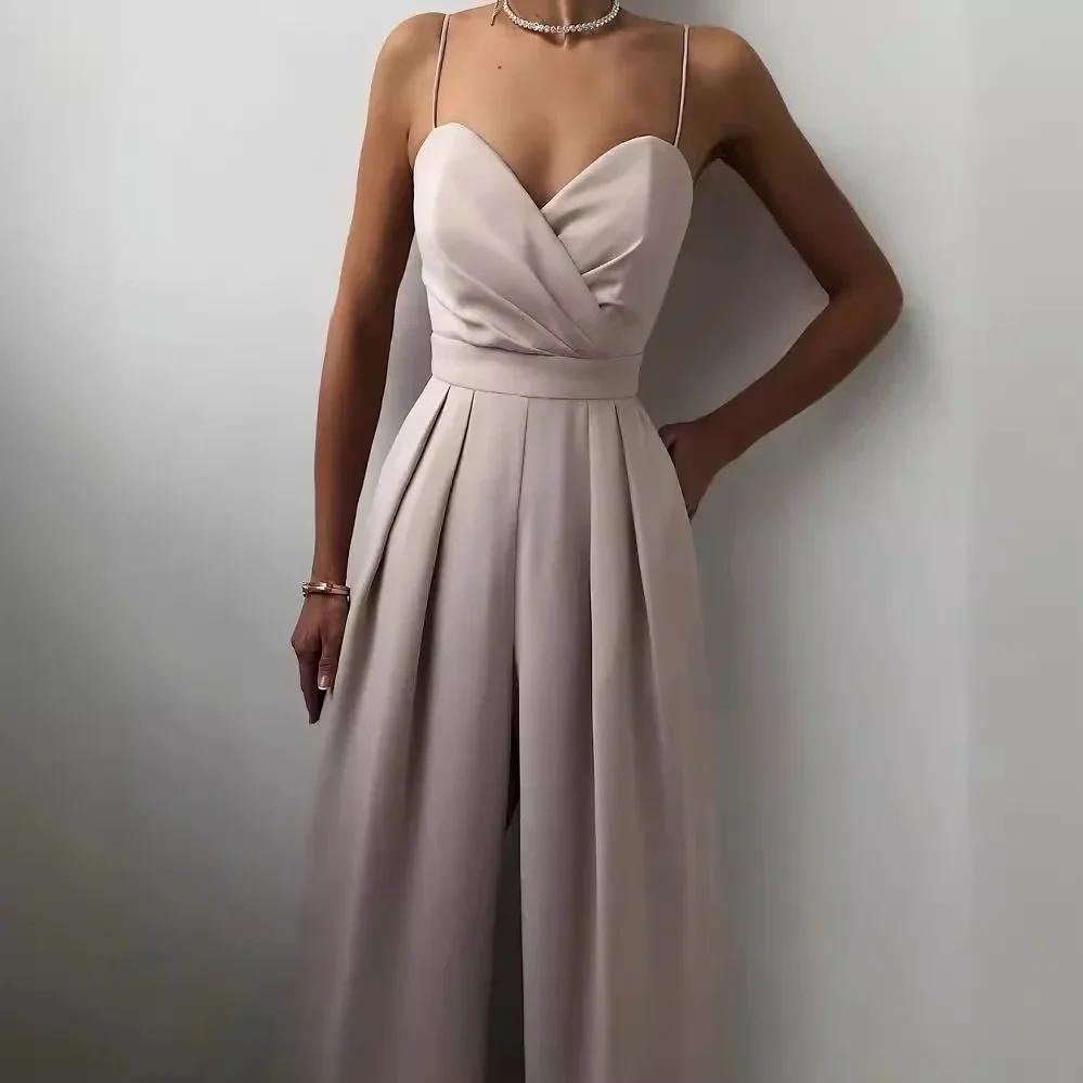 

Women's Jumpsuit Solid Color Camisole Sleeveless V-neck Waist Cinched Straight Leg Dragging Extremely Simple Jumpsuit Summer