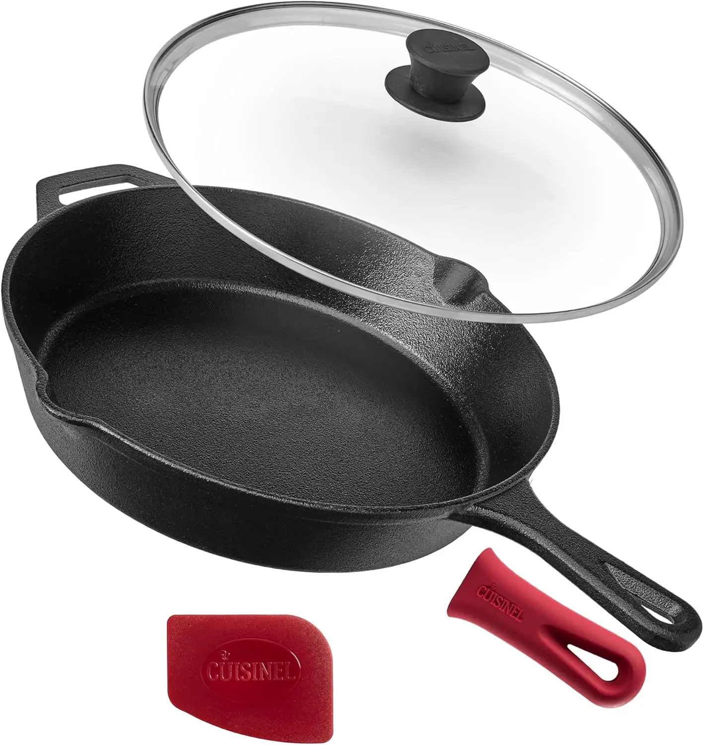 

12-Inch Cast Iron Skillet with Glass Lid & Silicone Handle - Pre-Seasoned Oven Safe Cookware for Indoor/Outdoor Use