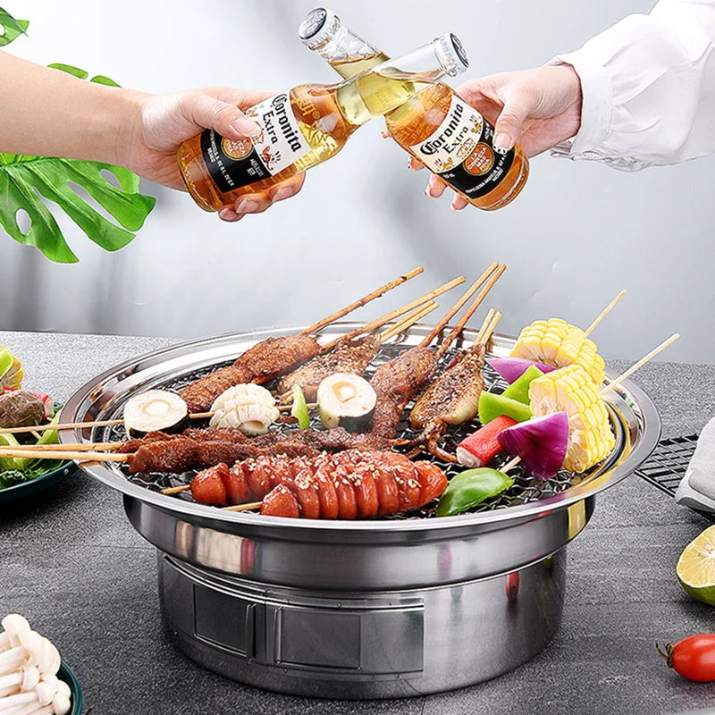 Korean Charcoal Barbecue Grill Round Non-stick Barbecue Grills Portable Charcoal Grill for Outdoor Camping BBQ Stainless Steel