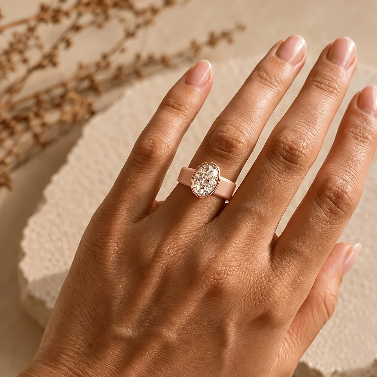 Hypoallergenic Khaki Silicone Ring, Oval CZ Stone Rose Gold & Silver Bezel Comfort Stackable Jewelry for Sport Daily Wear