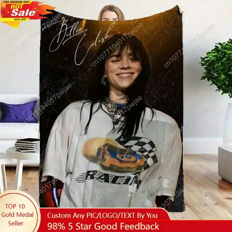 

Vintage Bille Eilish Print Flannel Blanket - Super soft and cozy for all seasons perfect for home office or Custom blankets