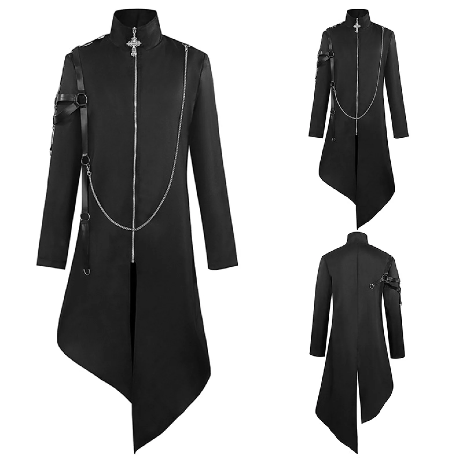 

2025 New Men Medieval Gothic Trench Coat With Chain Steampunk Black Coat Uniform, Court Knight Costume, Halloween Uniform