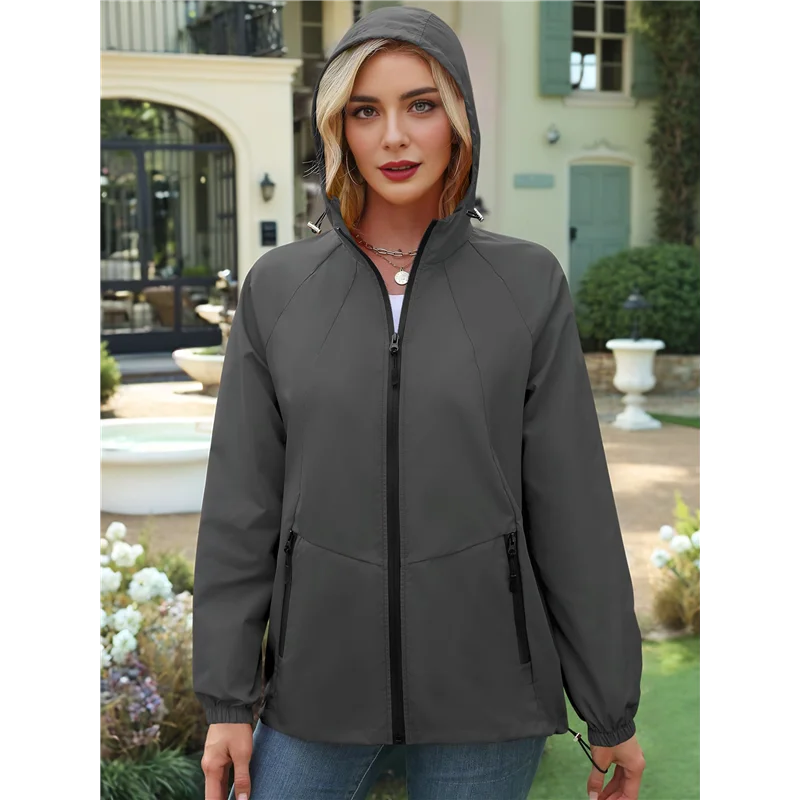 سترة المطر ABFU للنساء سترة واقية مقاومة للماء مع غطاء محرك السيارة معطف واق من المطر قابل للتعبئة مع جيوب