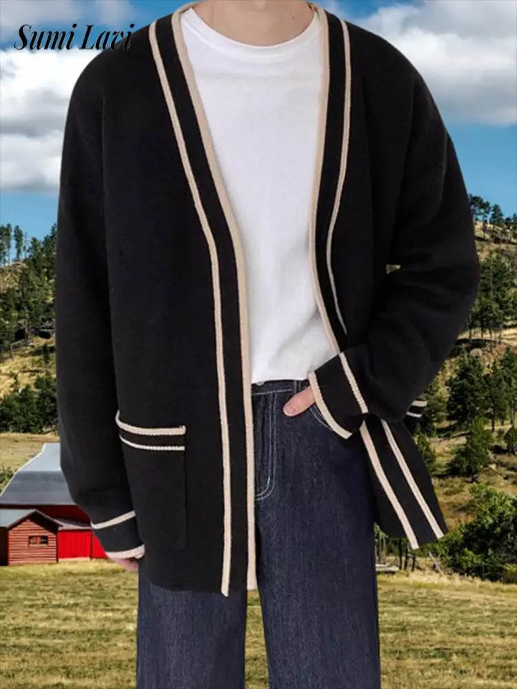 

Повседневный эластичный тонкий вязаный свитер, мужские кардиганы, осень-зима, свитер с открытой строчкой и v-образным вырезом для мужчин, винтажные свитера