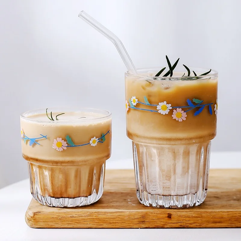 

Daisy Glass Coffee Cup, Juice, Milk, Milk, Tea, Can Be Superimposed Water Cup, Japanese and Korean Ins Style, 1 Pack