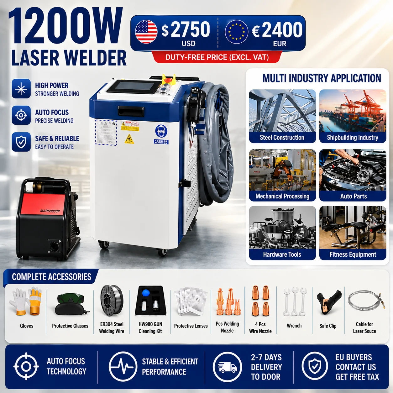 Portable 4 IN 1 Laser Welder Fiber Laser Welding Machine Car rust cleaning, metal rust removal 1200W Laser Welding Cutting Cleaning Soldering Machine