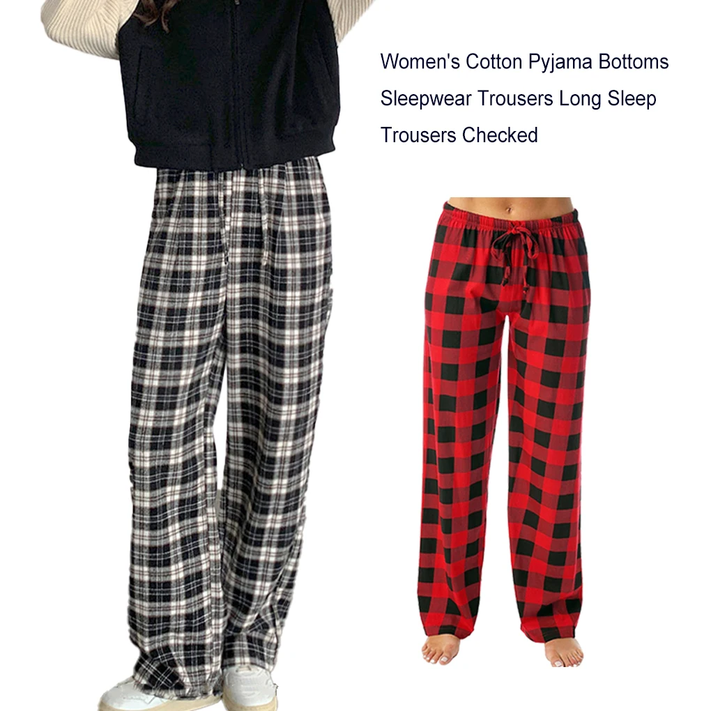 Women Ladies Pajamas Pants Plaid Breathable Casual Style Elastic Long Drawstring Trousers Underwear M Size Home