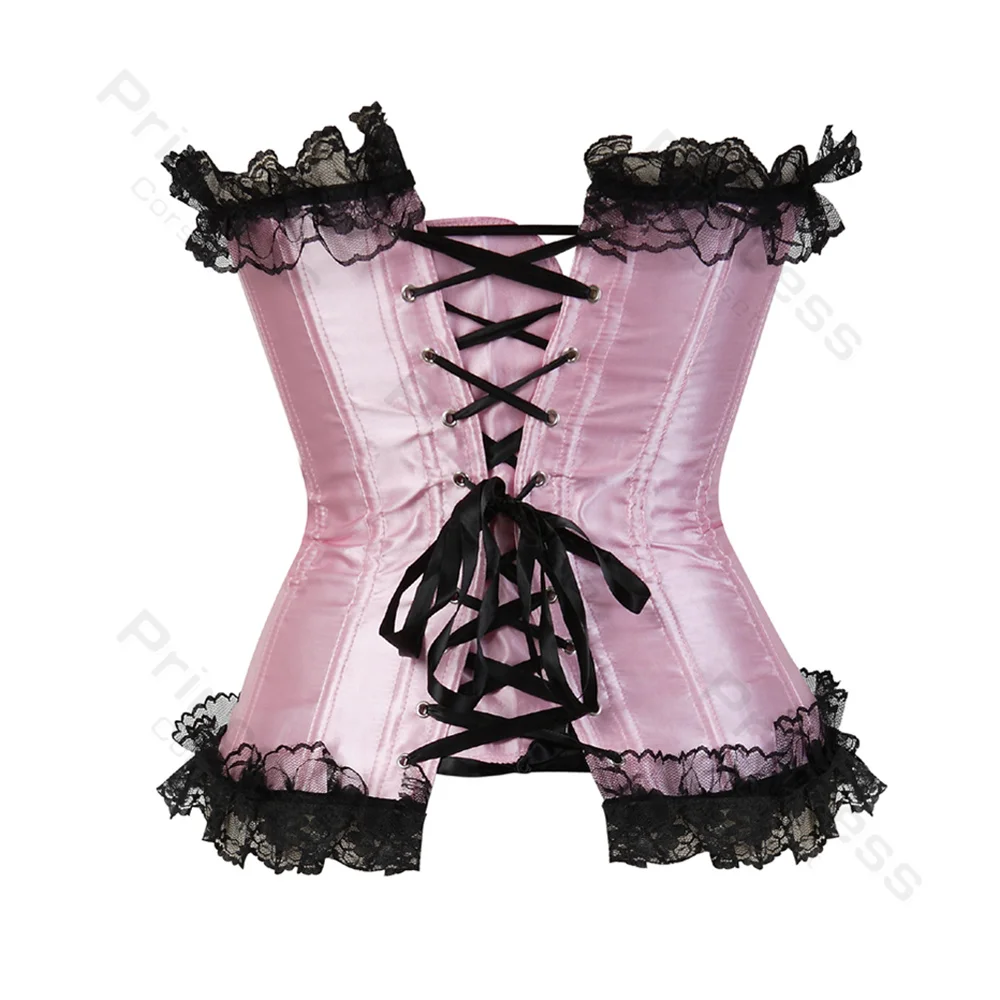 Pink Corset Bustier Top Victorian Overbust Princess Corset Lace Trim Showgirl Lingerie Costume Corsets for Women Plus Size