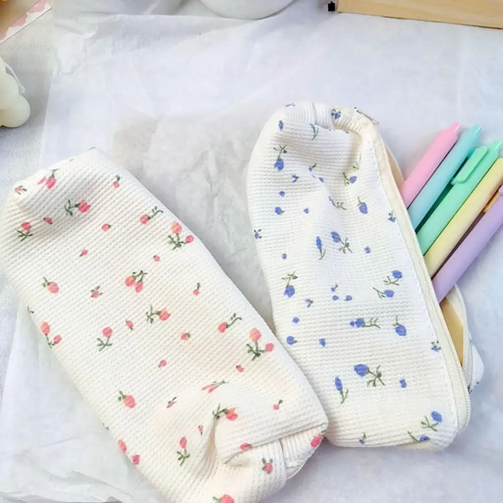 Cute Pencil Case Floral Pattern Zipper Placket Pencil Holder Cotton Linen Stationery Bag Girls Pencil Pouch Student Supplies