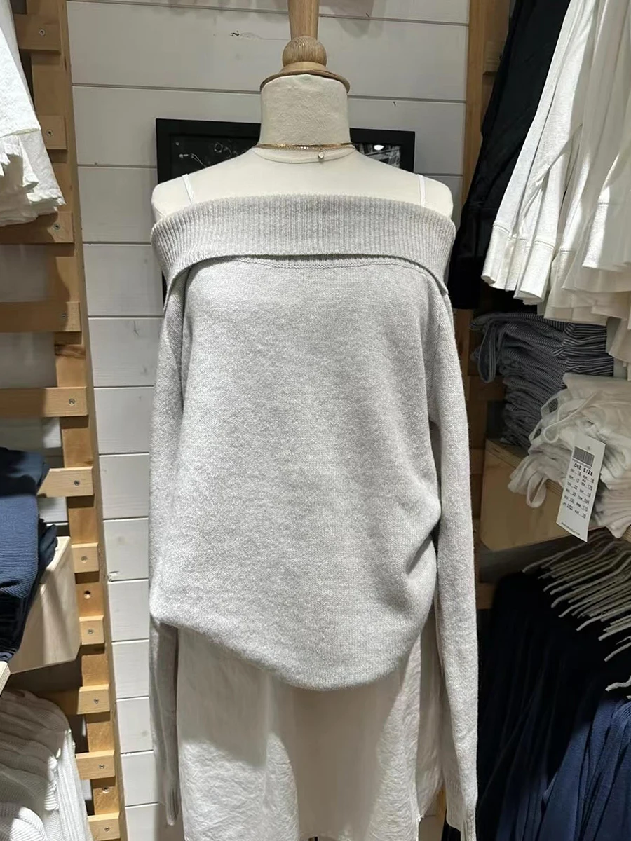 

Gray Slash Neck Knitted Sweater Women Long Sleeve Cotton Slim Pull Sweaters Autumn Casual Simple Sweet Preppy Style Jumpers Y2k