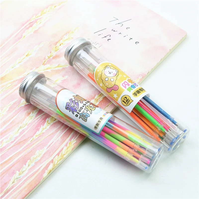 24PCS Color Gel  Refills  Rainbow Pen Replacement Refill Diary Drawing Marker Glitter Pen Plastic bottle packaging leak-proof